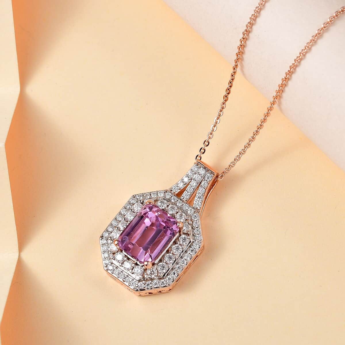 AAA Patroke Kunzite and Moissanite Cocktail Pendant Necklace 18 Inches in 18K Vermeil Rose Gold Over Sterling Silver 5.50 ctw image number 1