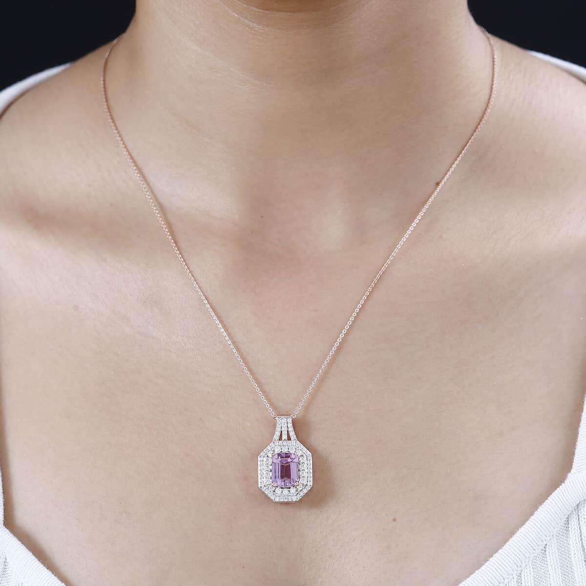 AAA Patroke Kunzite and Moissanite Cocktail Pendant Necklace 18 Inches in 18K Vermeil Rose Gold Over Sterling Silver 5.50 ctw image number 2