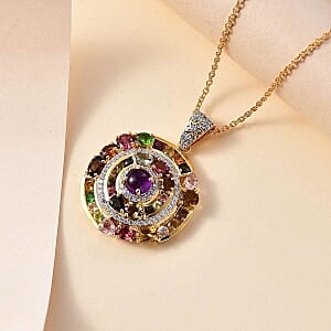 African Amethyst and Multi Gemstone Pendant 5.99 ctw Necklace in Vermeil YG Over Sterling Silver (20 Inches)