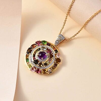 African Amethyst and Multi Gemstone Pendant 5.99 ctw Necklace in Vermeil YG Over Sterling Silver (20 Inches)
