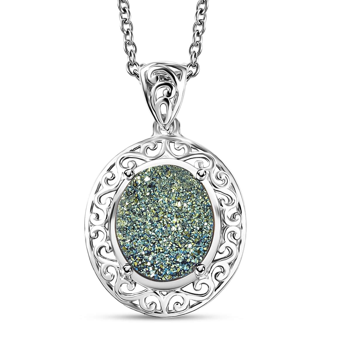 Peacock Druzy Quartz 3.10 ctw Pendant in Platinum Bond with Stainless Steel Necklace 20 Inches image number 0