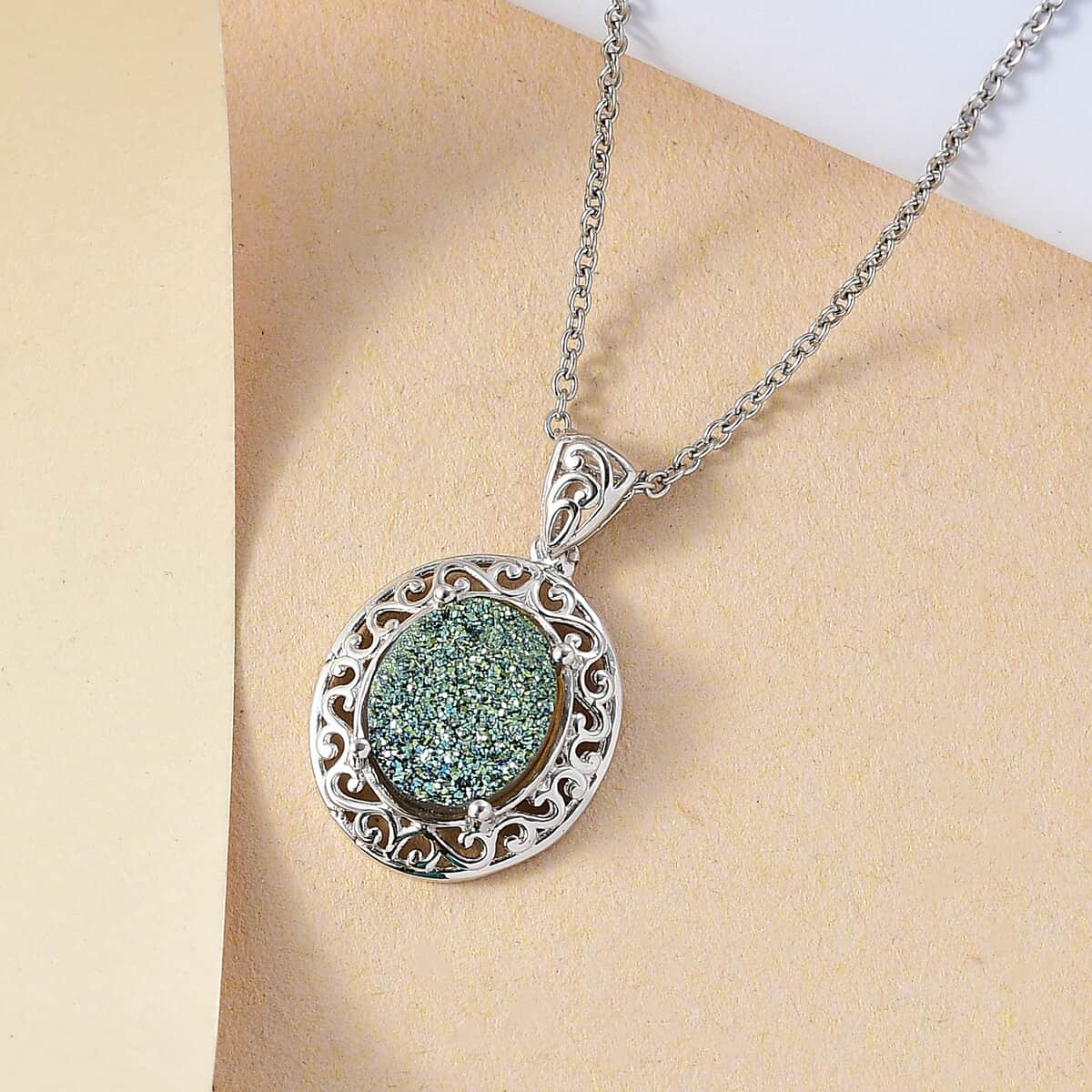 Peacock Druzy Quartz 3.10 ctw Pendant in Platinum Bond with Stainless Steel Necklace 20 Inches image number 1