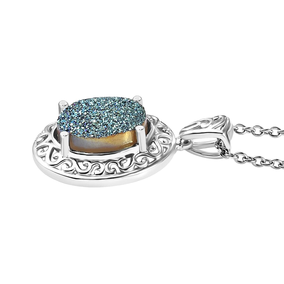 Peacock Druzy Quartz 3.10 ctw Pendant in Platinum Bond with Stainless Steel Necklace 20 Inches image number 3