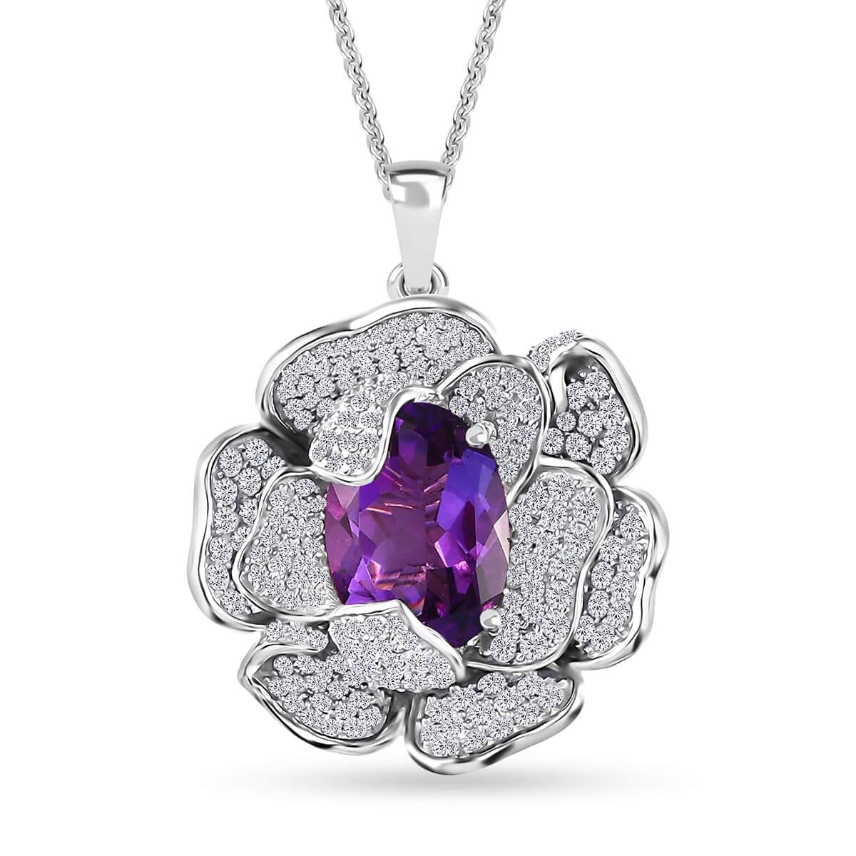 GP Italian Garden Collection Rose De France Amethyst and White Zircon Pendant Necklace 20 Inches in Rhodium Over Sterling Silver 8.60 ctw image number 0