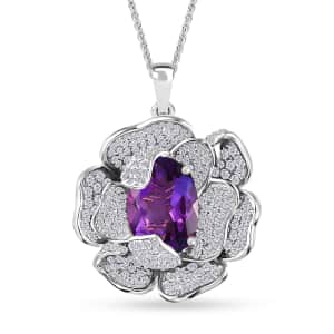 GP Italian Garden Collection Rose De France Amethyst and White Zircon Pendant Necklace 20 Inches in Rhodium Over Sterling Silver 8.60 ctw