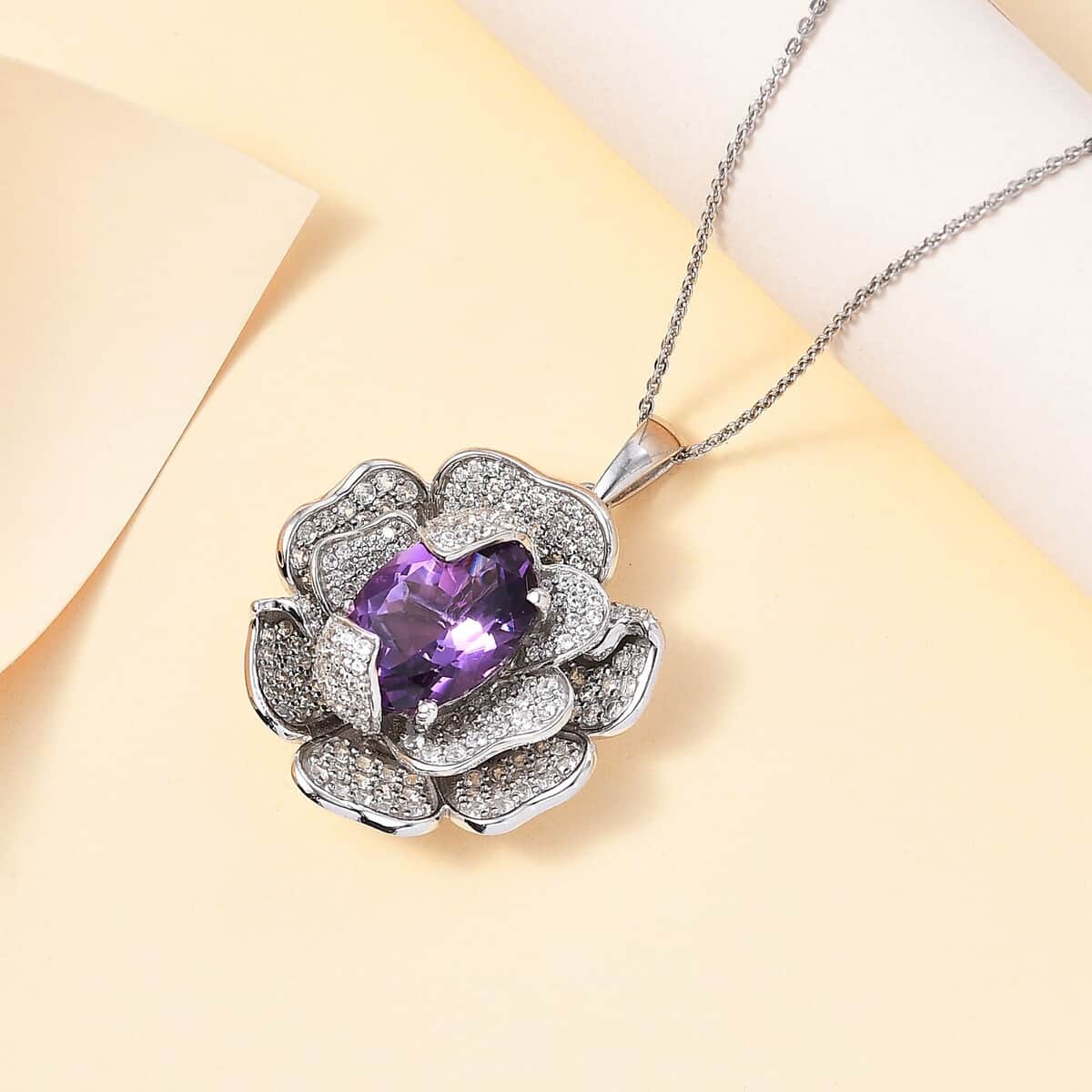 GP Italian Garden Collection Rose De France Amethyst and White Zircon Pendant Necklace 20 Inches in Rhodium Over Sterling Silver 8.60 ctw image number 1