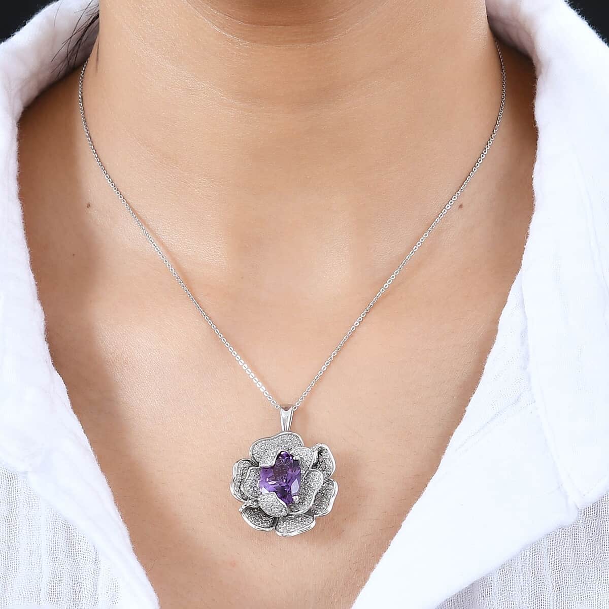 GP Italian Garden Collection Rose De France Amethyst and White Zircon Pendant Necklace 20 Inches in Rhodium Over Sterling Silver 8.60 ctw image number 2