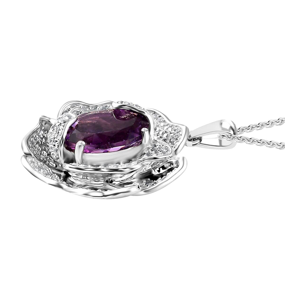 GP Italian Garden Collection Rose De France Amethyst and White Zircon Pendant Necklace 20 Inches in Rhodium Over Sterling Silver 8.60 ctw image number 3