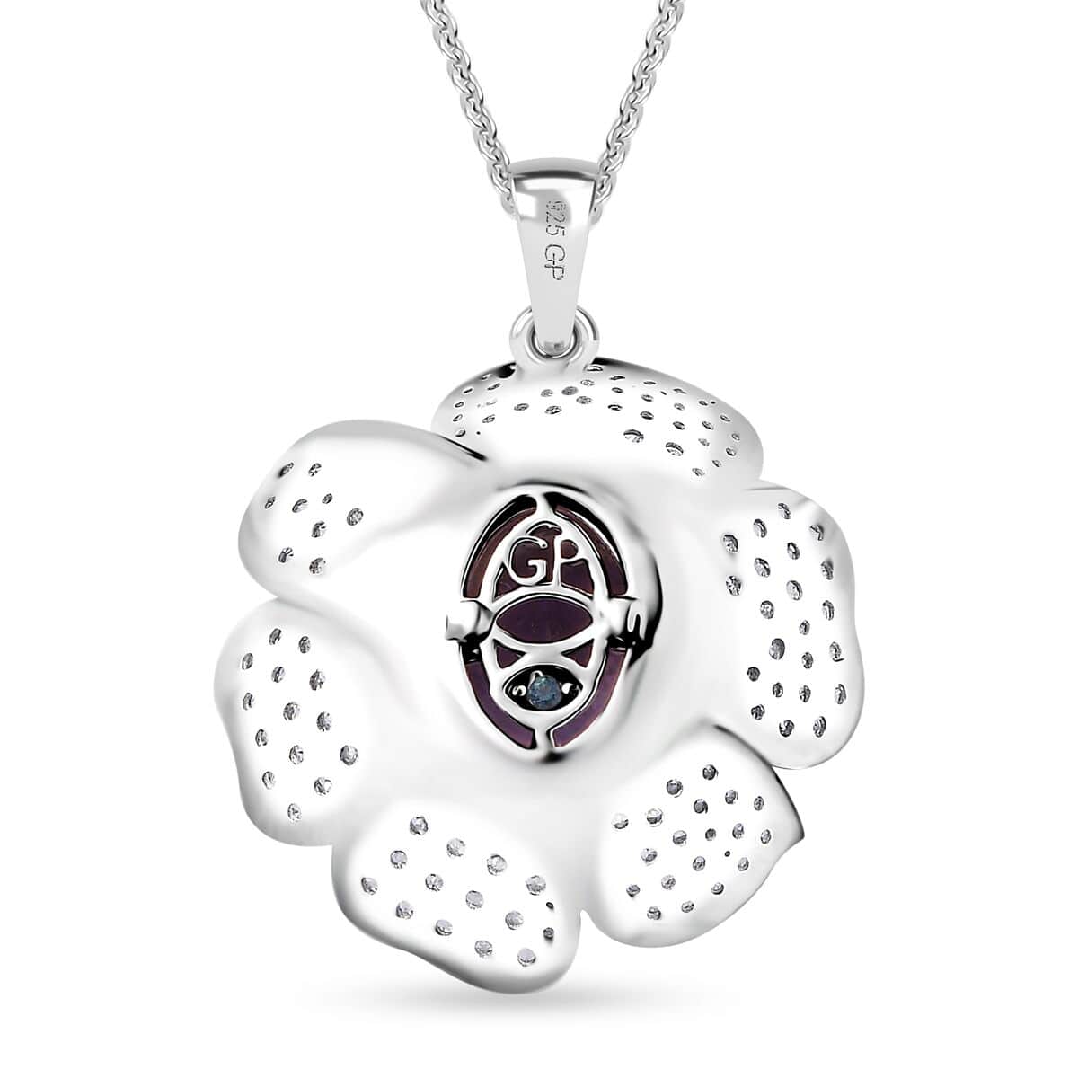 GP Italian Garden Collection Rose De France Amethyst and White Zircon Pendant Necklace 20 Inches in Rhodium Over Sterling Silver 8.60 ctw image number 4