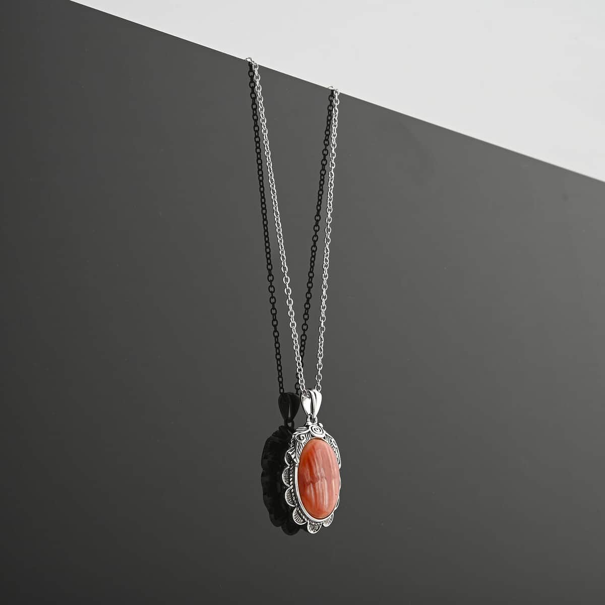 Orange Spiny Oyster Shell 10.00 ctw Floral Pendant Necklace in Rhodium Over Sterling Silver 18 Inches  image number 1