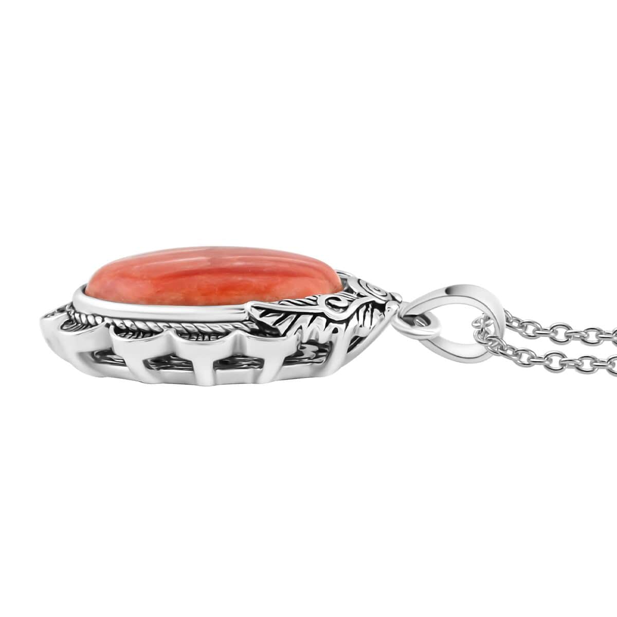 Orange Spiny Oyster Shell 10.00 ctw Floral Pendant Necklace in Rhodium Over Sterling Silver 18 Inches  image number 3