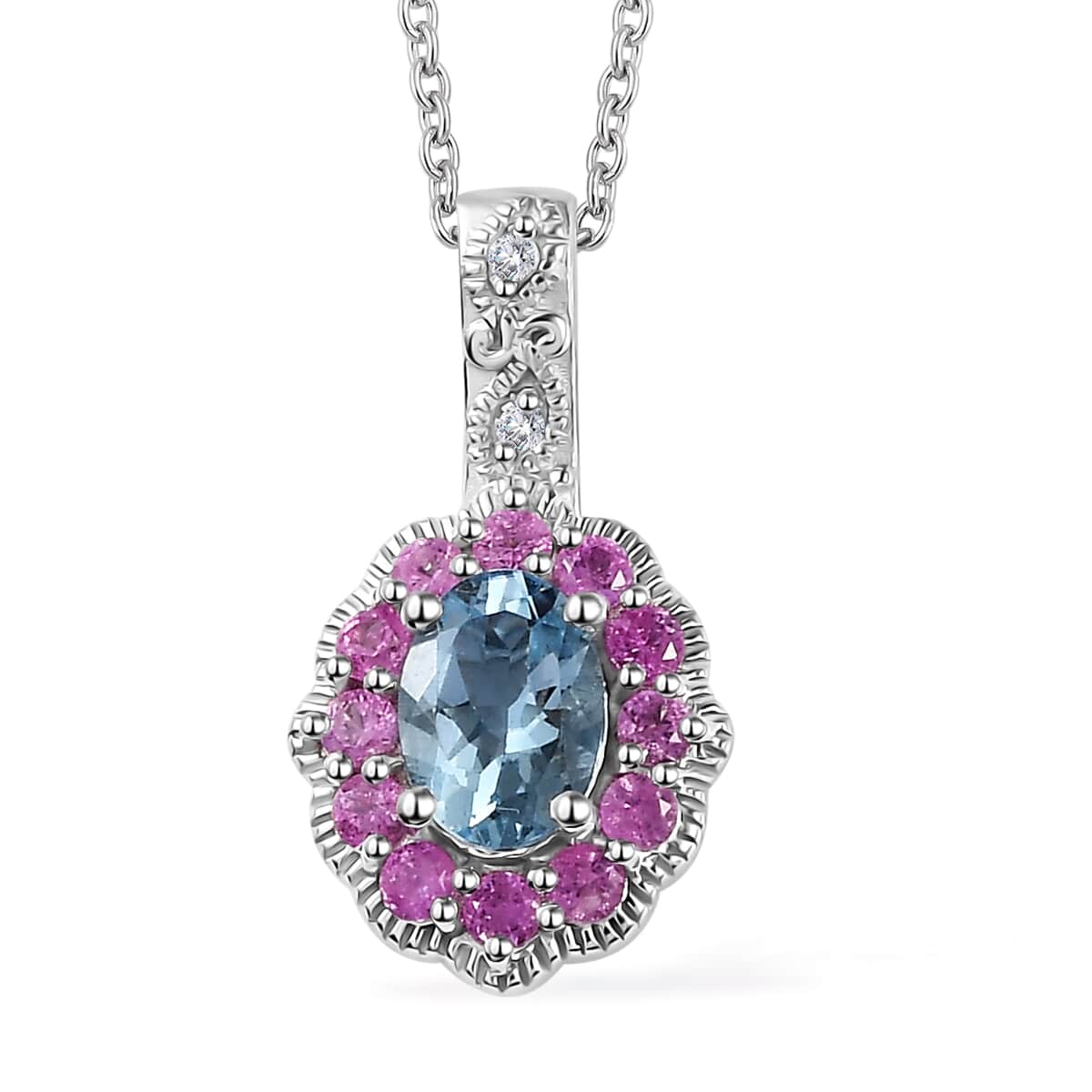 Santa Maria Aquamarine and Multi Gemstone Daisy Floral Pendant Necklace 20 Inches in Rhodium Over Sterling Silver 1.20 ctw image number 0
