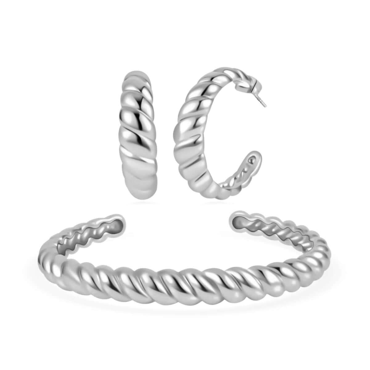 Ever True Set of 3 Twisted Cuff Bracelet (7.50 In) and Half Hoop Earrings in ION Plated YRG and Stainless Steel image number 1