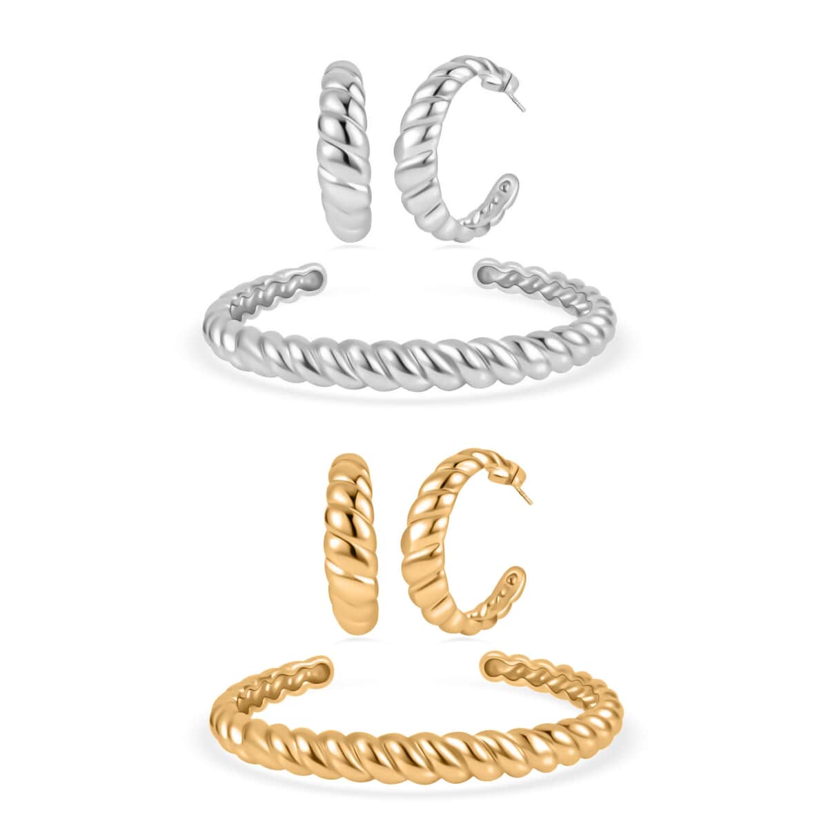 Ever True Set of 2 Twisted Cuff Bracelet (7.50 In) and Half Hoop Earrings in ION Plated YG and Stainless Steel image number 0