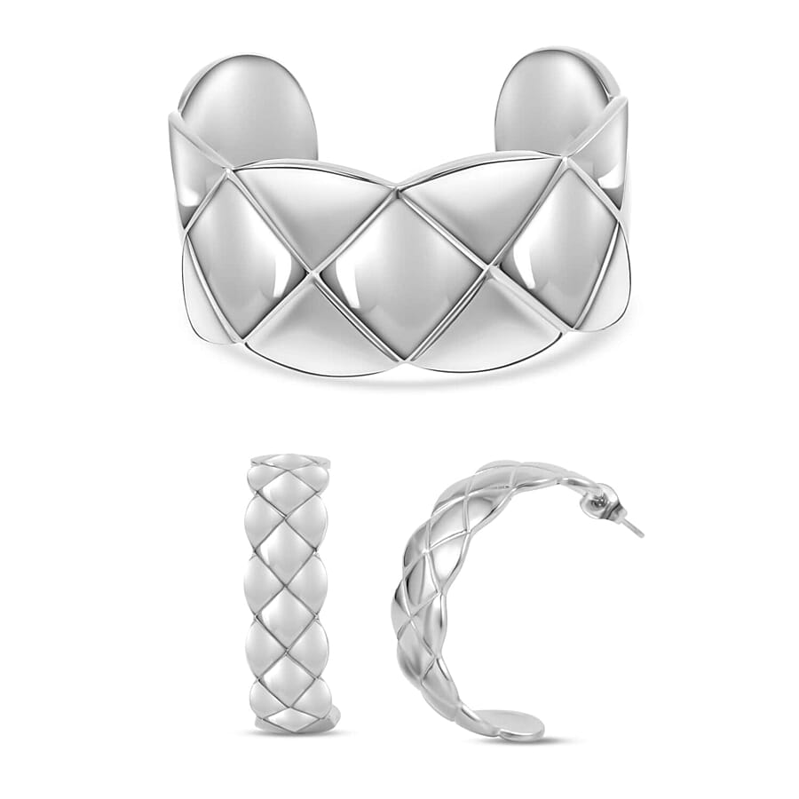 EverTrue Set of 3 Diamond-cut Cuff Bracelet (7.0 In) and Half Hoop Earrings in ION Plated YRG and Stainless Steel