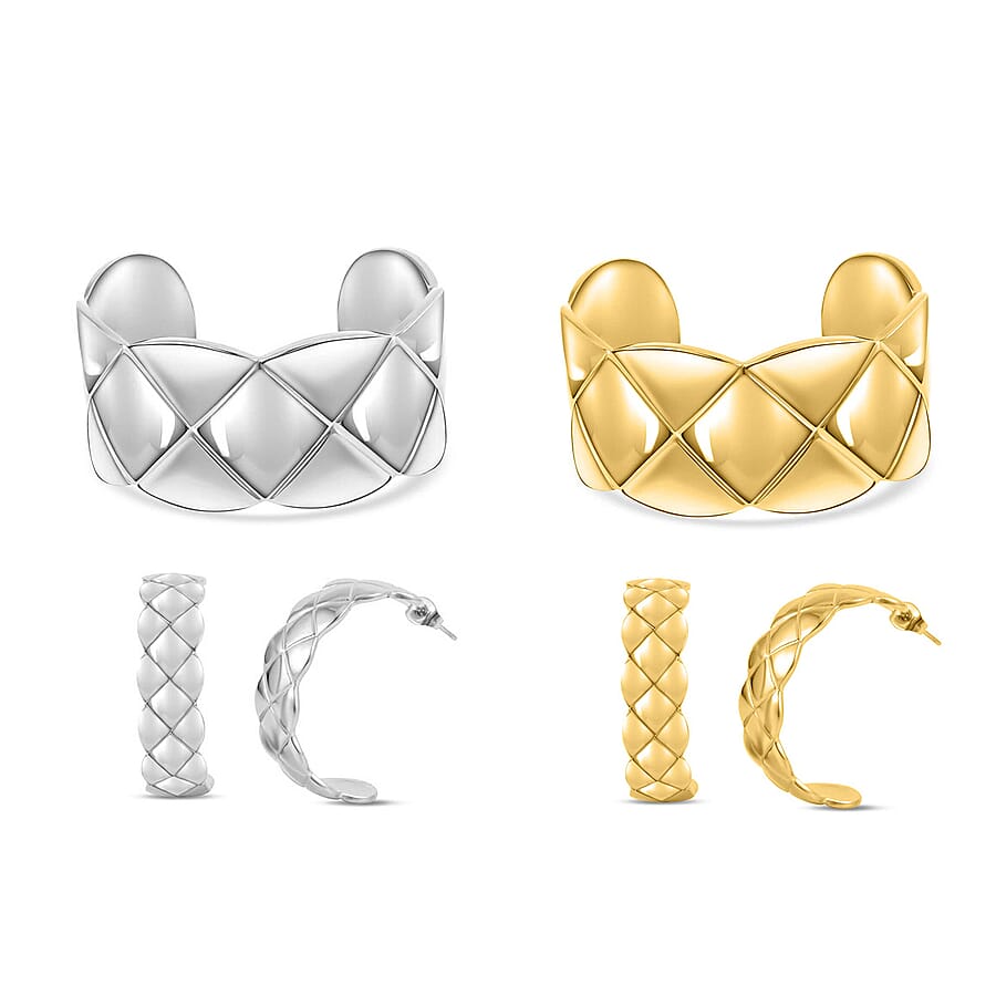 EverTrue Set of 2 Diamond-cut Cuff Bracelet (7.0 In) and Half Hoop Earrings in ION Plated YG and Stainless Steel