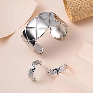 EverTrue Set of 2 Diamond-cut Cuff Bracelet (7.0 In) and Half Hoop Earrings in ION Plated YG and Stainless Steel