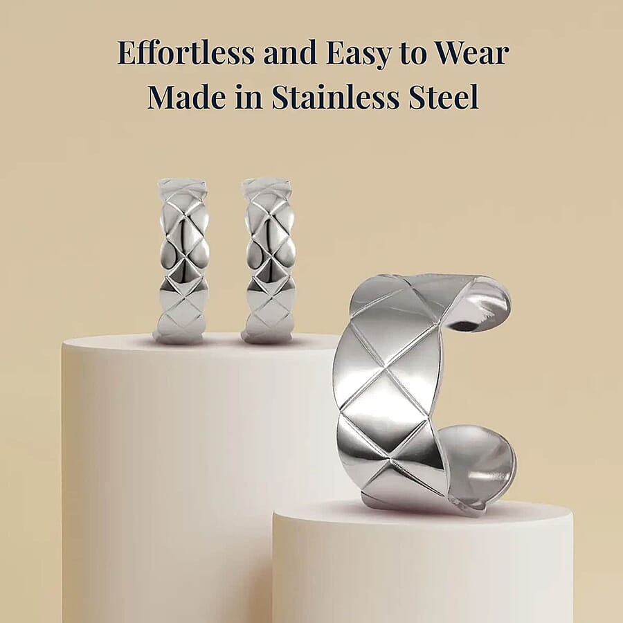 EverTrue Set of 2 Diamond-cut Cuff Bracelet (7.0 In) and Half Hoop Earrings in ION Plated YG and Stainless Steel