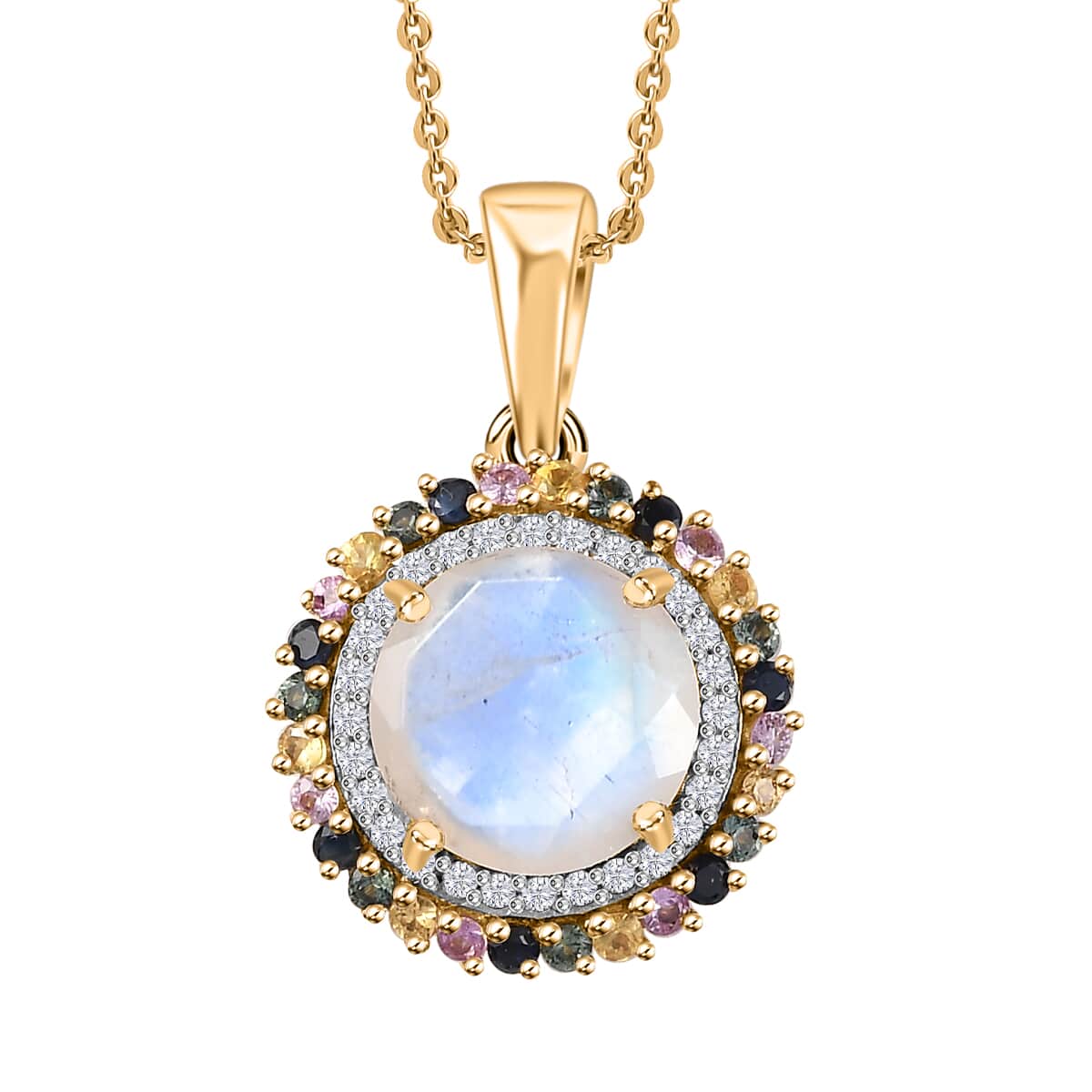 Moon Glow Moonstone, Multi Sapphire and White Zircon Double Halo Rainbow Pendant Necklace 20 Inches in 18K Vermeil Yellow Gold Over Sterling Silver 4.50 ctw image number 0