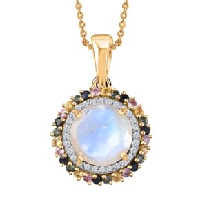 Moon Glow Moonstone, Multi Sapphire and White Zircon Double Halo Rainbow Pendant Necklace 20 Inches in 18K Vermeil Yellow Gold Over Sterling Silver 4.50 ctw