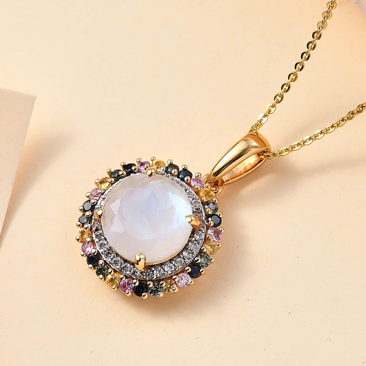 Moon Glow Moonstone, Multi Sapphire and White Zircon Double Halo Rainbow Pendant Necklace 20 Inches in 18K Vermeil Yellow Gold Over Sterling Silver 4.50 ctw image number 1