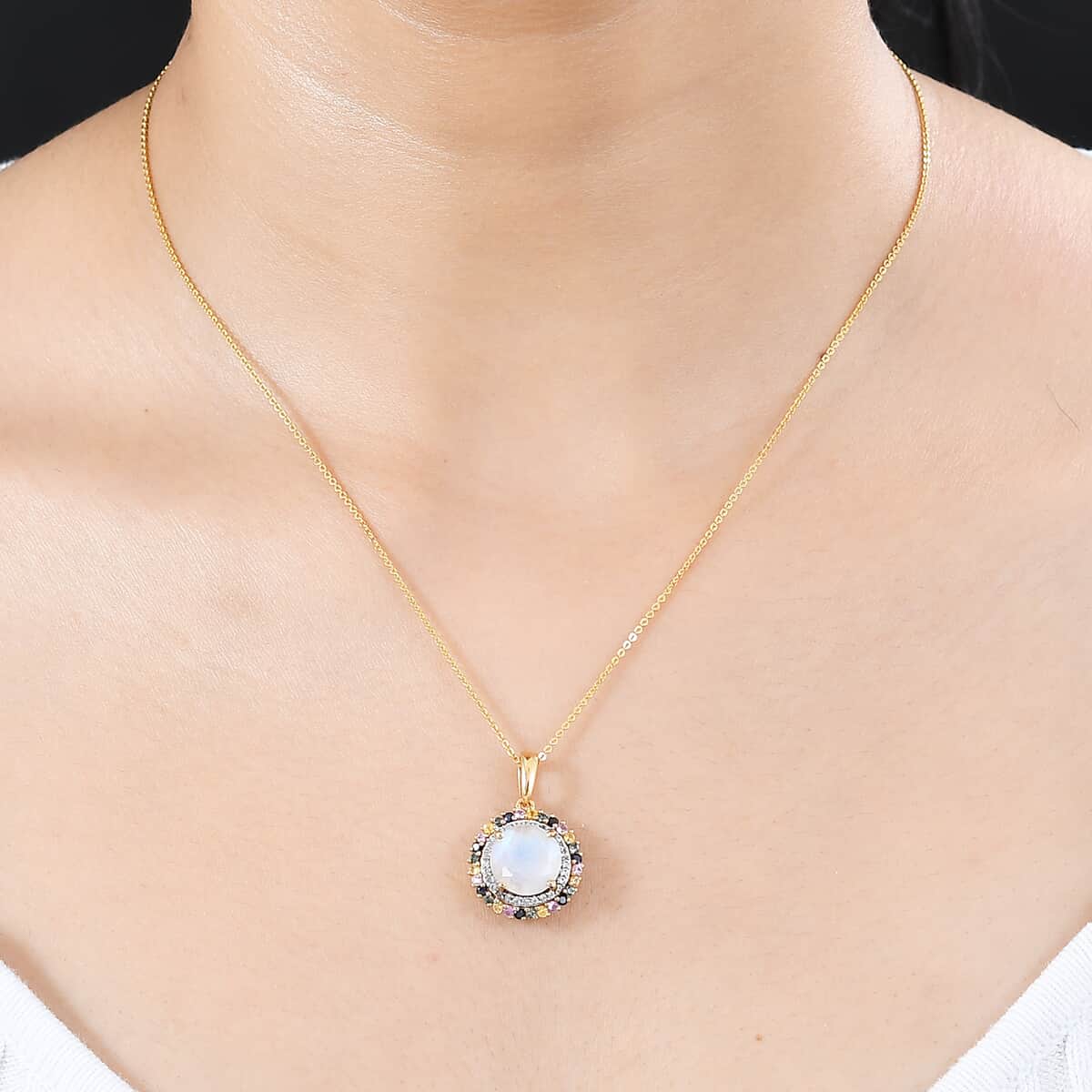 Moon Glow Moonstone, Multi Sapphire and White Zircon Double Halo Rainbow Pendant Necklace 20 Inches in 18K Vermeil Yellow Gold Over Sterling Silver 4.50 ctw image number 2