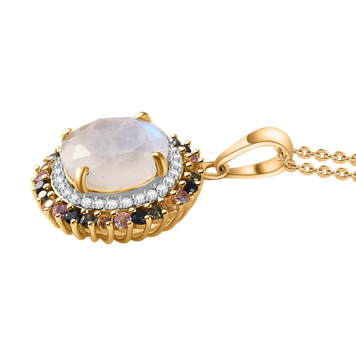 Moon Glow Moonstone, Multi Sapphire and White Zircon Double Halo Rainbow Pendant Necklace 20 Inches in 18K Vermeil Yellow Gold Over Sterling Silver 4.50 ctw image number 3