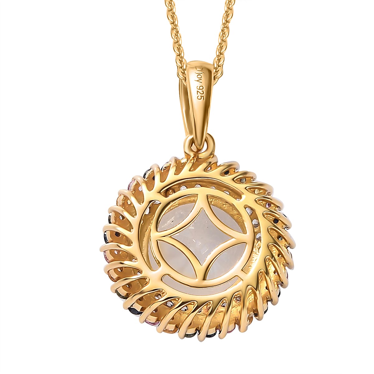 Moon Glow Moonstone, Multi Sapphire and White Zircon Double Halo Rainbow Pendant Necklace 20 Inches in 18K Vermeil Yellow Gold Over Sterling Silver 4.50 ctw