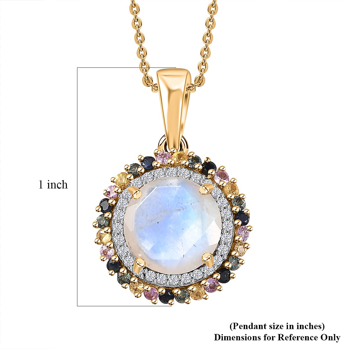 Moon Glow Moonstone, Multi Sapphire and White Zircon Double Halo Rainbow Pendant Necklace 20 Inches in 18K Vermeil Yellow Gold Over Sterling Silver 4.50 ctw