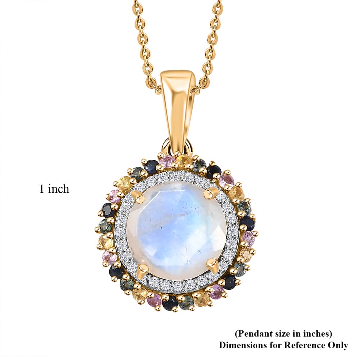 Moon Glow Moonstone, Multi Sapphire and White Zircon Double Halo Rainbow Pendant Necklace 20 Inches in 18K Vermeil Yellow Gold Over Sterling Silver 4.50 ctw image number 5
