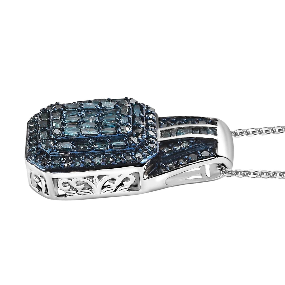 Blue Diamond 1.00 ctw Art Deco Pendant Necklace in Rhodium Over Sterling Silver 20 Inches image number 3