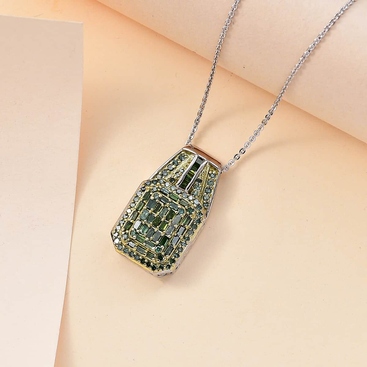 Green Diamond 1.00 ctw Art Deco Pendant Necklace in Rhodium Over Sterling Silver 20 Inches image number 1