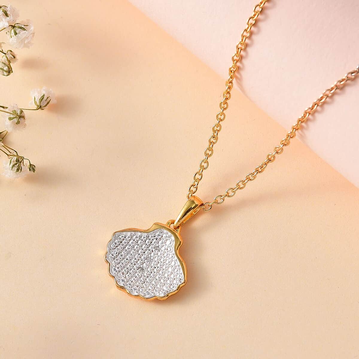 Karis Diamond Accent Shell Pendant in 18K YG Plated with ION Plated YG Stainless Steel Necklace 20 Inches image number 1