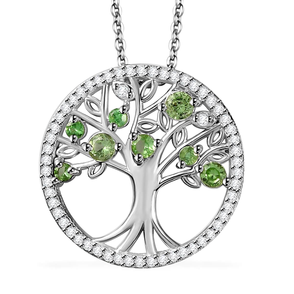 Brazilian Mint Garnet and White Zircon Tree of Life Pendant Necklace 20 Inches in Rhodium Over Sterling Silver 1.00 ctw image number 0