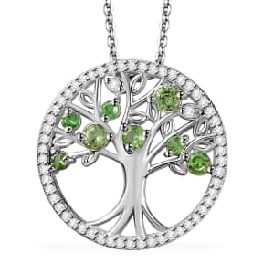 Brazilian Mint Garnet and White Zircon Tree of Life Pendant Necklace 20 Inches in Rhodium Over Sterling Silver 1.00 ctw