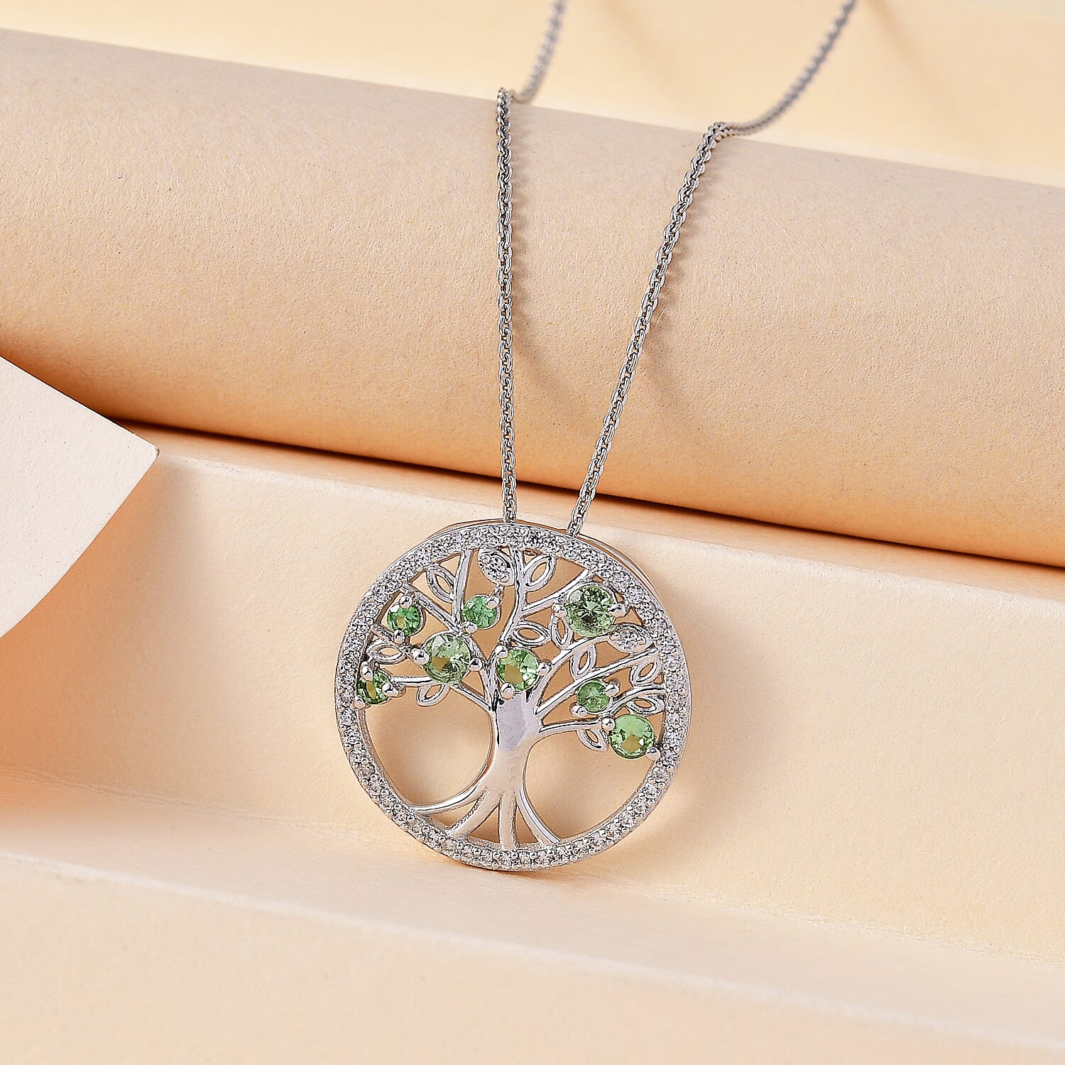 Brazilian Mint Garnet and White Zircon Tree of Life Pendant Necklace 20 Inches in Rhodium Over Sterling Silver 1.00 ctw
