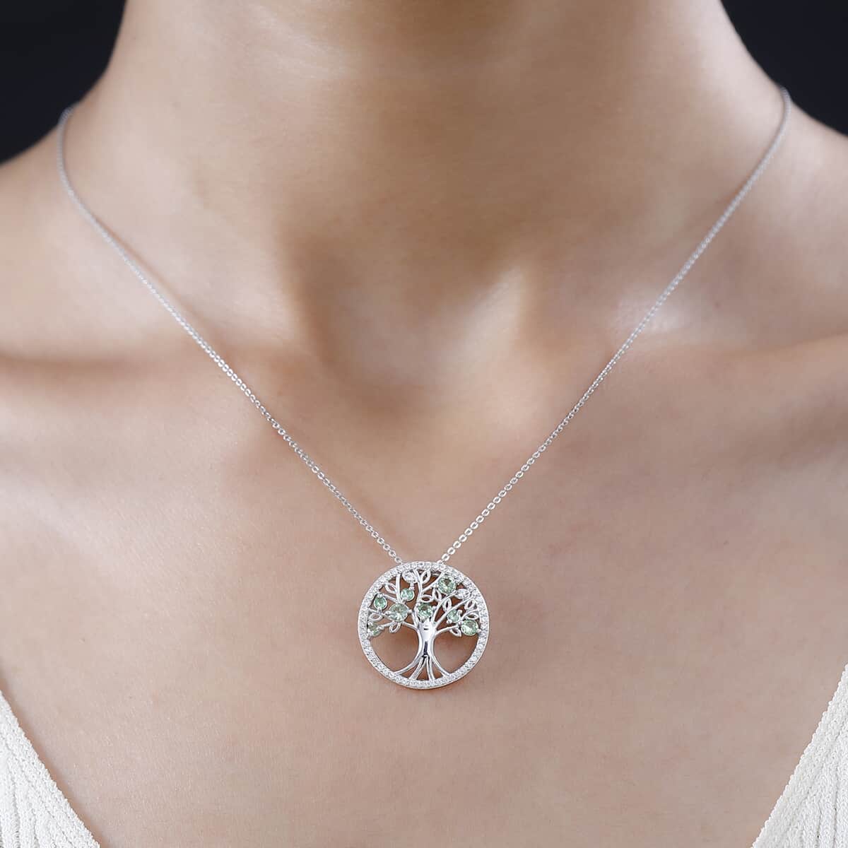 Brazilian Mint Garnet and White Zircon Tree of Life Pendant Necklace 20 Inches in Rhodium Over Sterling Silver 1.00 ctw image number 2