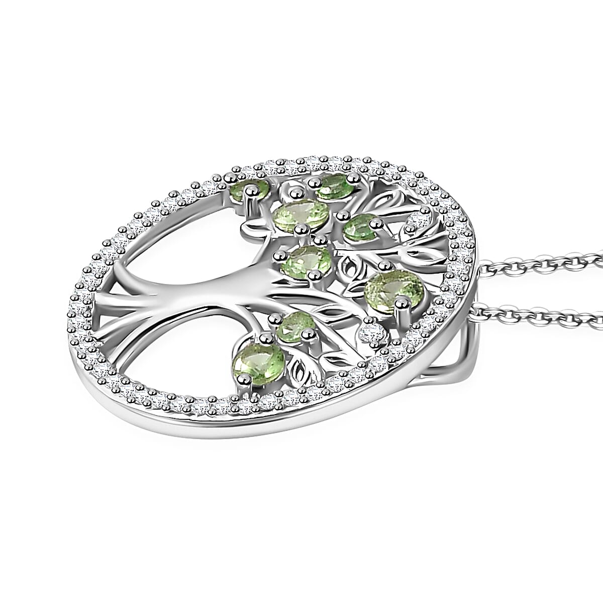 Brazilian Mint Garnet and White Zircon Tree of Life Pendant Necklace 20 Inches in Rhodium Over Sterling Silver 1.00 ctw