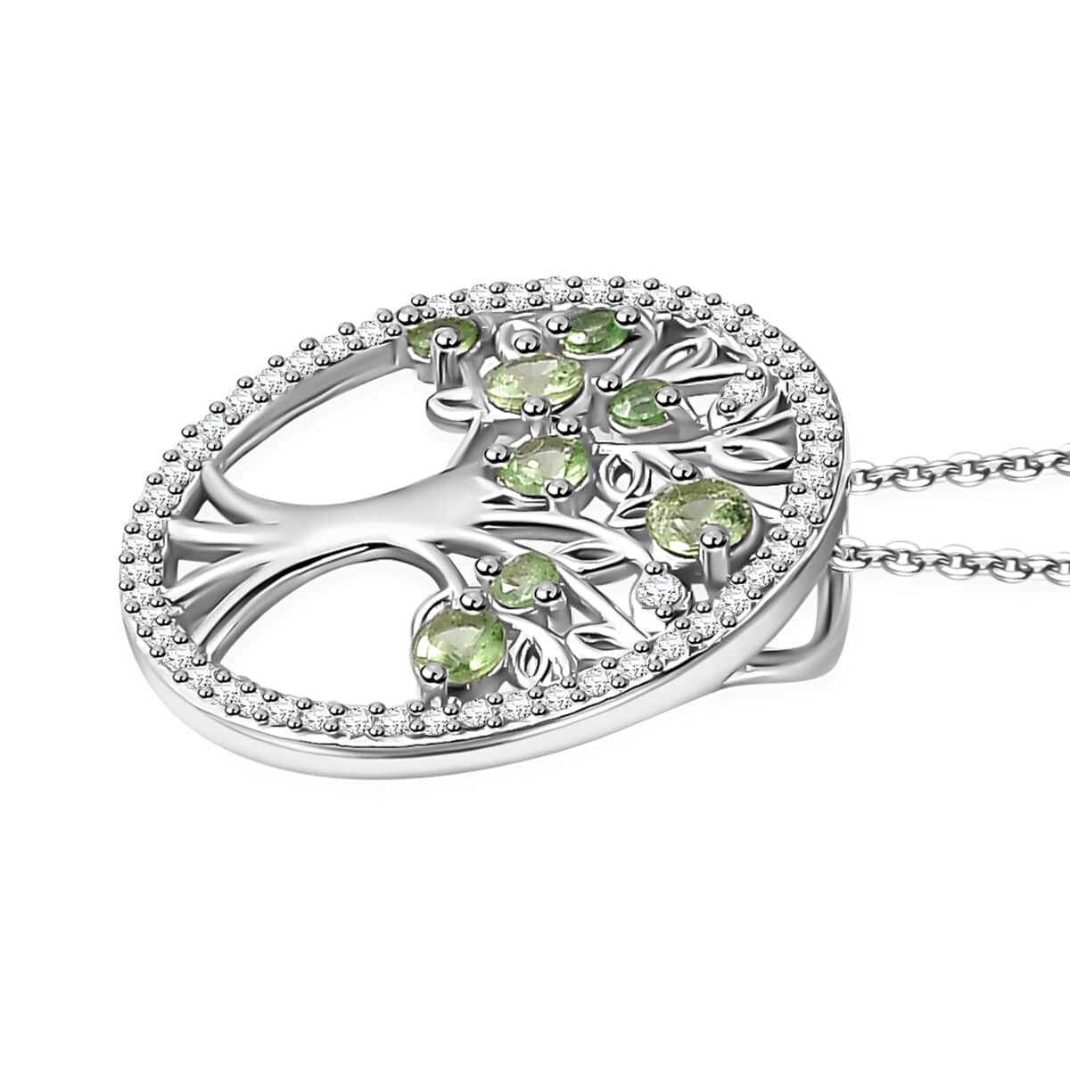 Brazilian Mint Garnet and White Zircon Tree of Life Pendant Necklace 20 Inches in Rhodium Over Sterling Silver 1.00 ctw image number 3