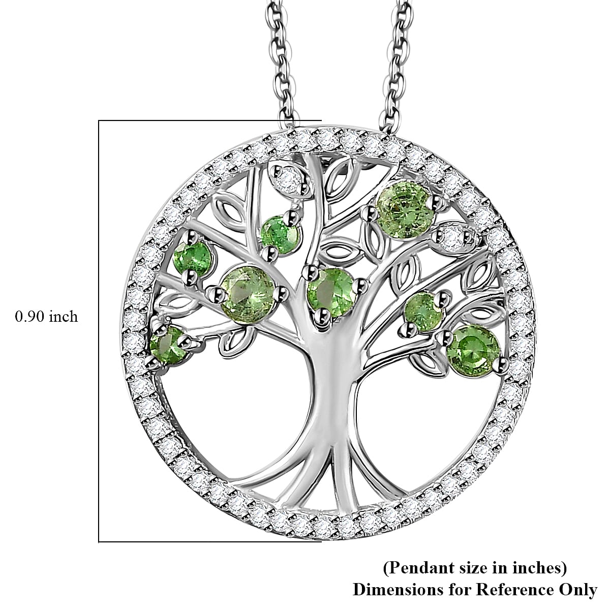 Brazilian Mint Garnet and White Zircon Tree of Life Pendant Necklace 20 Inches in Rhodium Over Sterling Silver 1.00 ctw