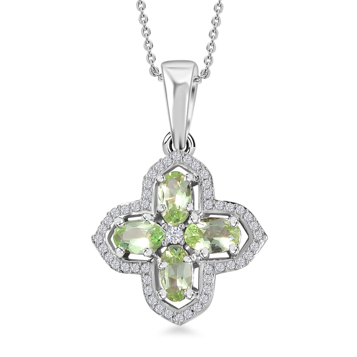 Brazilian Mint Garnet and Moissanite Clover Pendant Necklace 20 Inches in Rhodium Over Sterling Silver 1.15 ctw image number 0