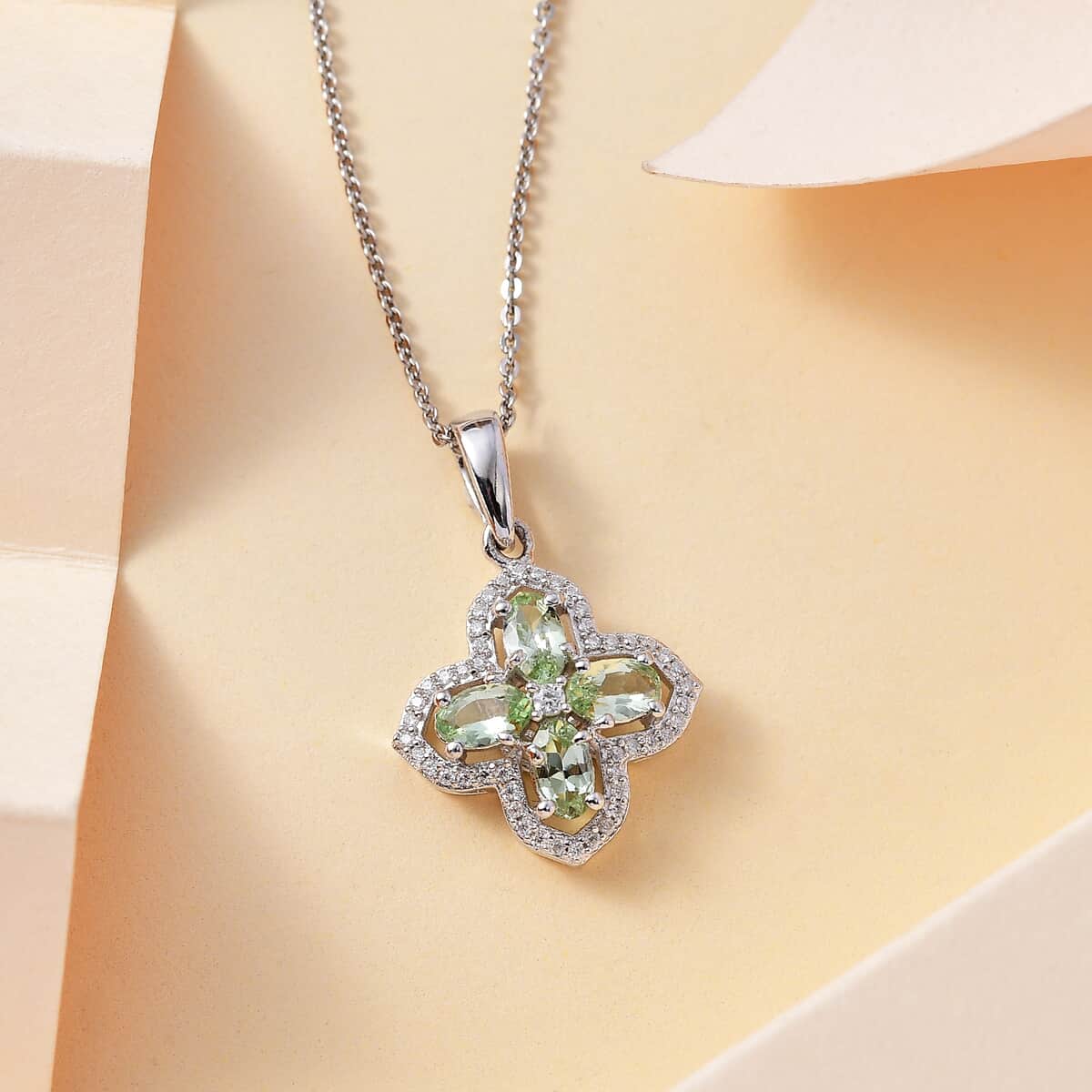 Brazilian Mint Garnet and Moissanite Clover Pendant Necklace 20 Inches in Rhodium Over Sterling Silver 1.15 ctw image number 1