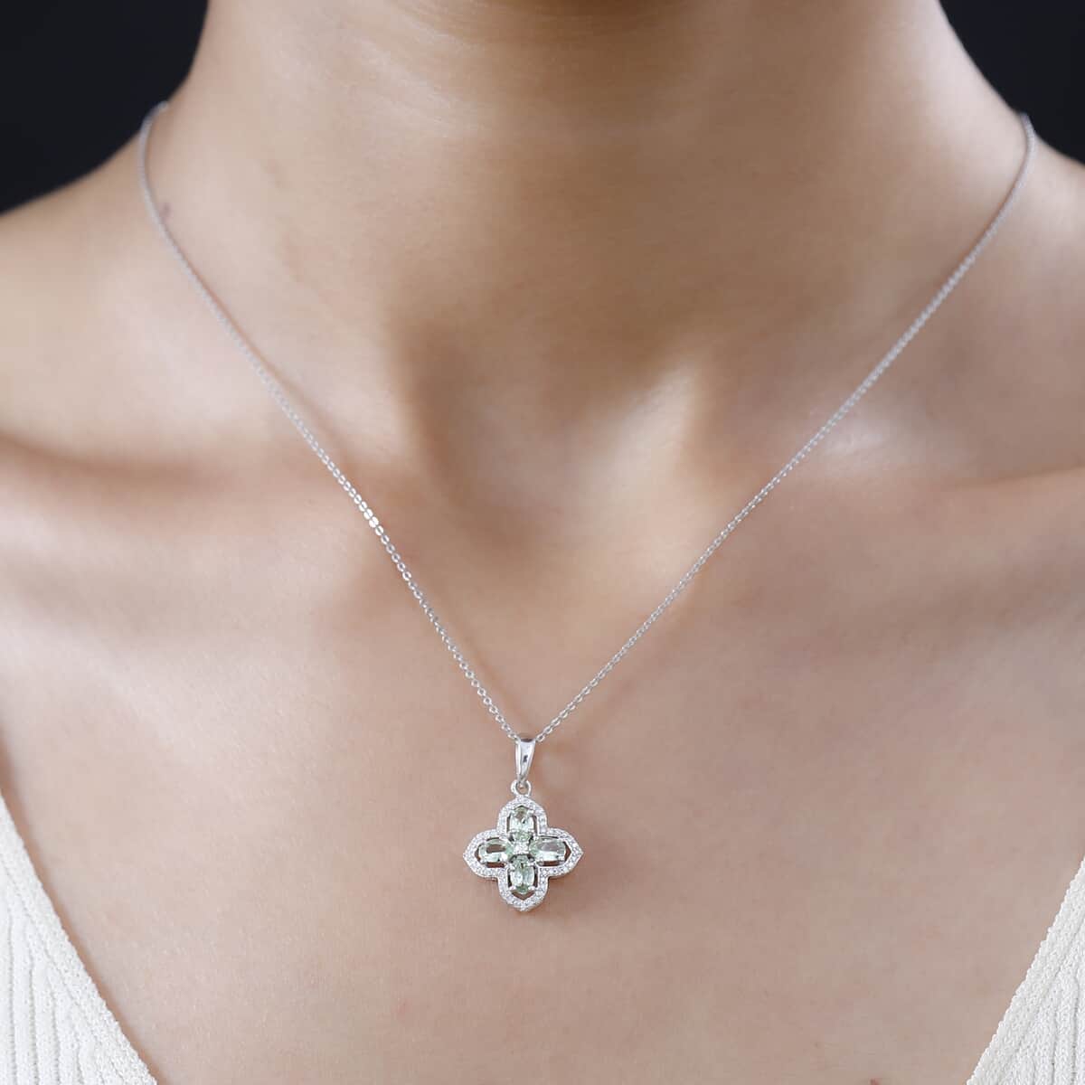 Brazilian Mint Garnet and Moissanite Clover Pendant Necklace 20 Inches in Rhodium Over Sterling Silver 1.15 ctw image number 2