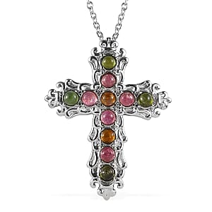Multi-Tourmaline 1.35 ctw Cross Pendant Necklace in Stainless Steel 20 Inches