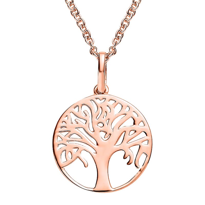 14K Rose Gold Over Sterling Silver Tree of Life Pendant with ION Plate Rose Gold Stainless Steel Necklace 20 Inches