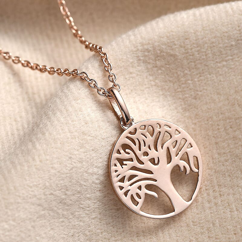 14K Rose Gold Over Sterling Silver Tree of Life Pendant with ION Plate Rose Gold Stainless Steel Necklace 20 Inches