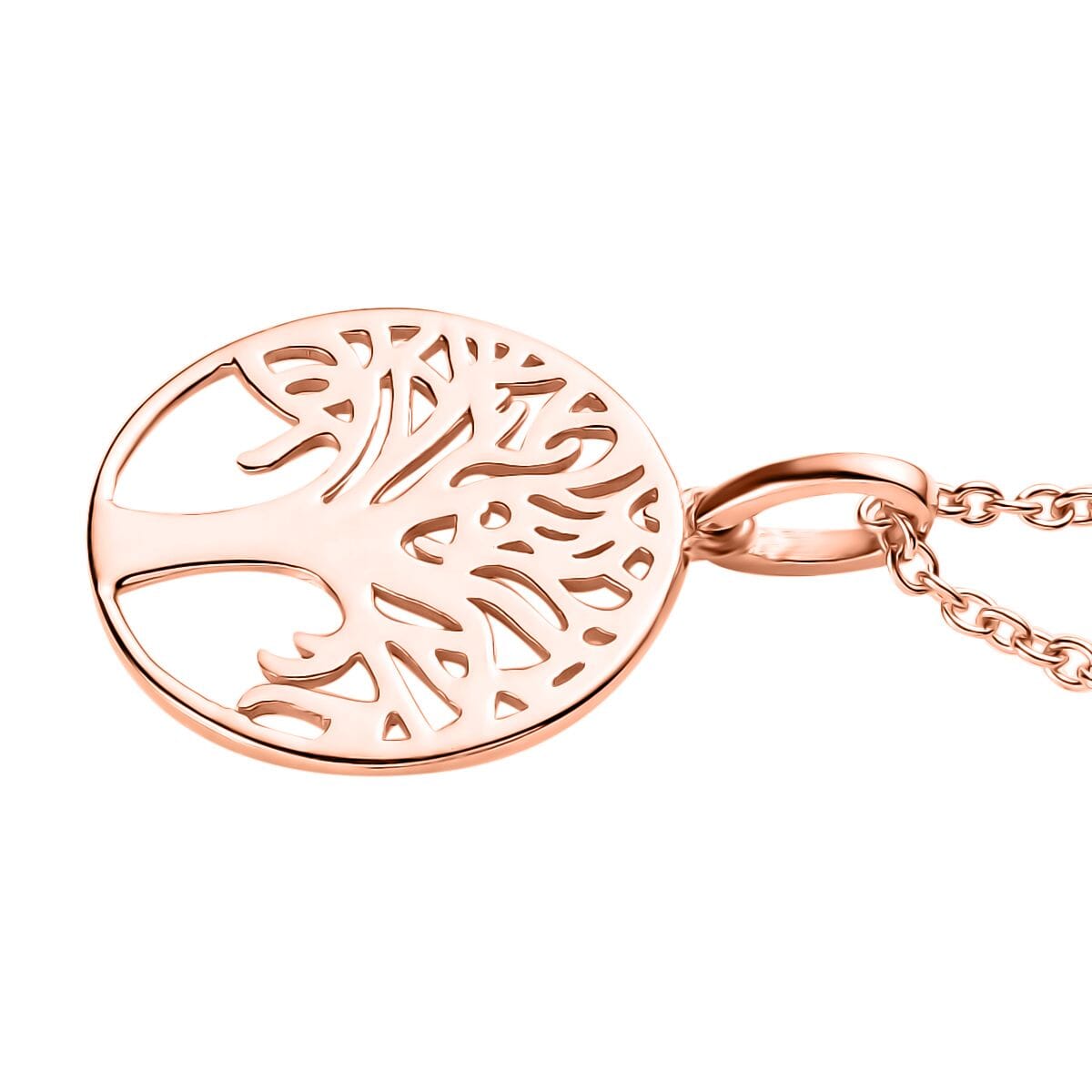 14K Rose Gold Over Sterling Silver Tree of Life Pendant with ION Plate Rose Gold Stainless Steel Necklace 20 Inches image number 3