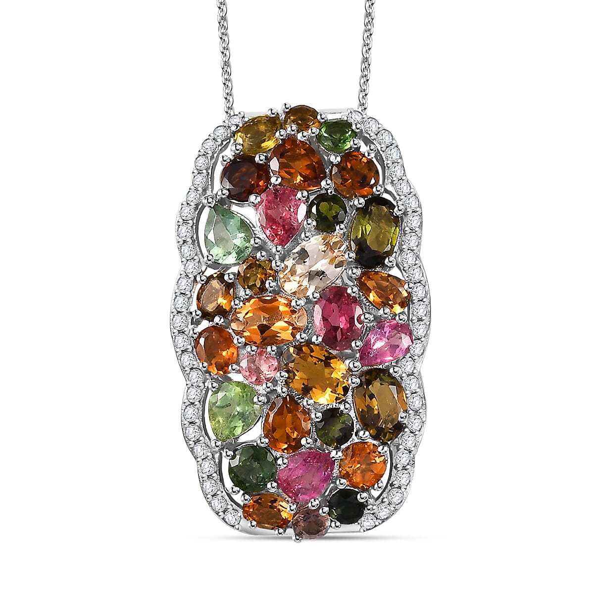 Multi-Tourmaline and White Zircon 10.25 ctw Pendant Necklace in Platinum Over Sterling Silver 20 Inches