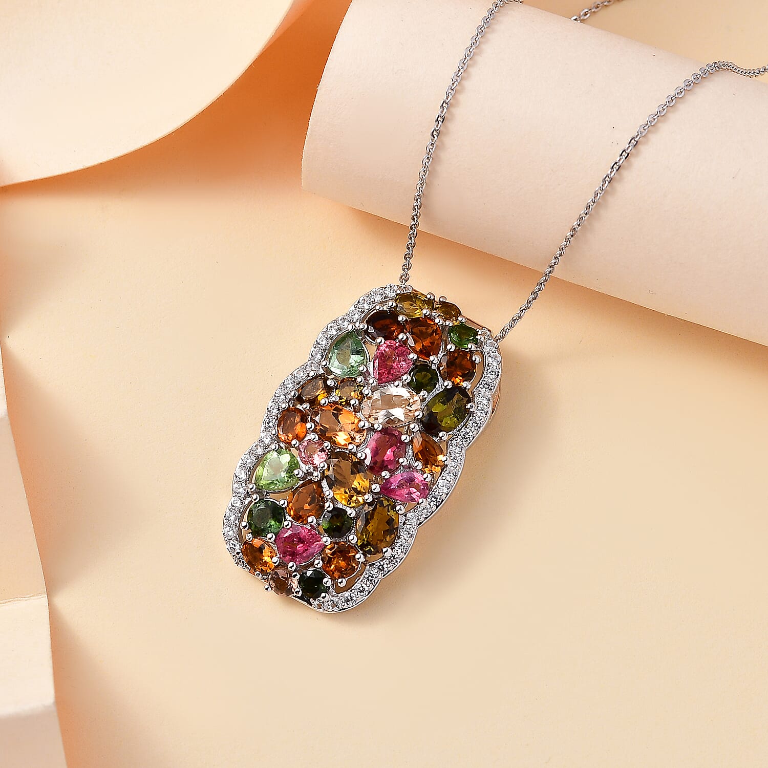 Multi-Tourmaline and White Zircon 10.25 ctw Pendant Necklace in Platinum Over Sterling Silver 20 Inches