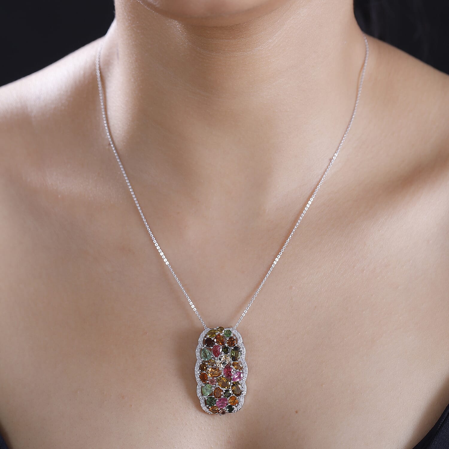 Multi-Tourmaline and White Zircon 10.25 ctw Pendant Necklace in Platinum Over Sterling Silver 20 Inches